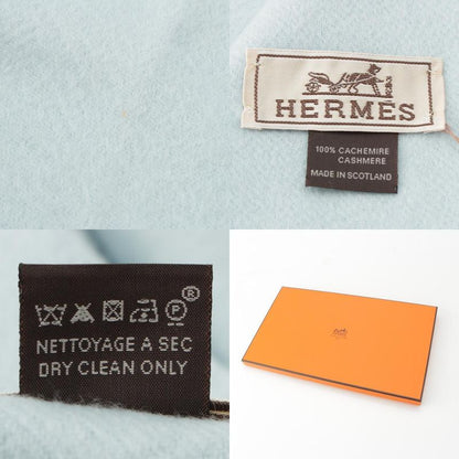 Hermes Cashmere Logo Embroidery Fringe Scarf Blue