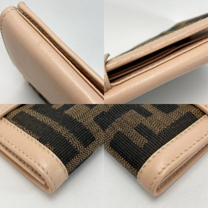 Fendi Zucca Pattern W Hook Long Wallet Brown X Pink Canvas/leather
