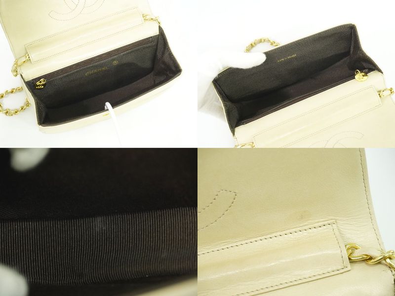 Authentic Chanel Coco Mark Chain Shoulder Bag Pochette Lambskin Leather Beige