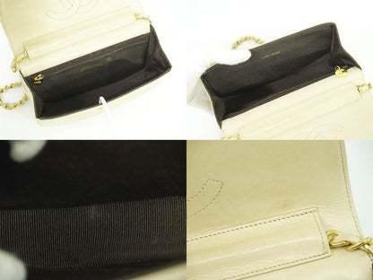 Authentic Chanel Coco Mark Chain Shoulder Bag Pochette Lambskin Leather Beige
