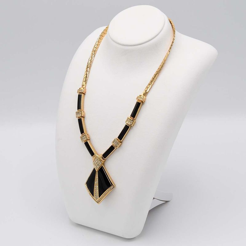 Christian DIOR Necklace Onyx Rhinestone Approx 61g Gold Color Accessories With