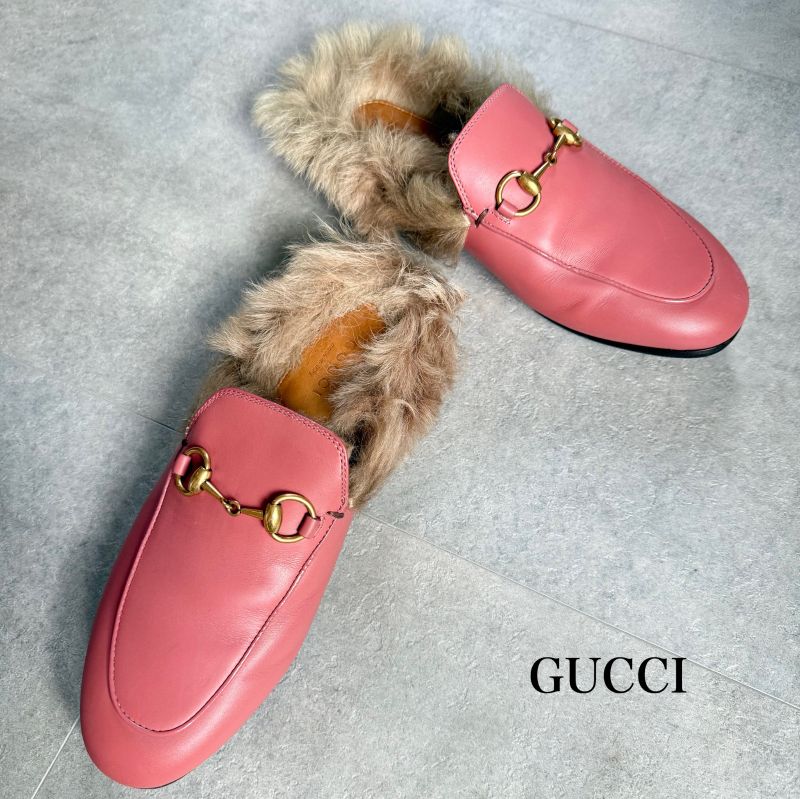 Gucci Prince Town Horsebit Loafer Sandal Fur Slip on Pink Gold Hardware Leather
