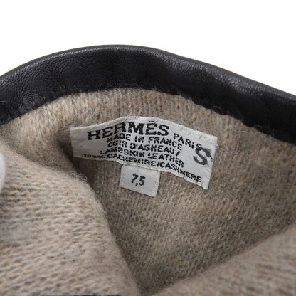 Hermes Lambskin Sheepskin 100% Cashmere Lining H Logo Design Gloves Black 7.5