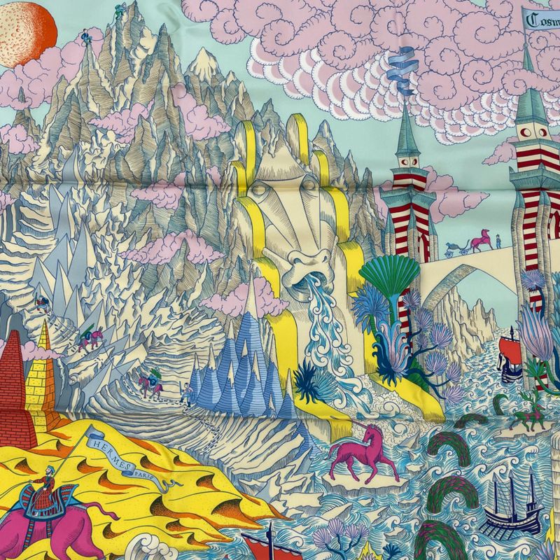 Hermes Carre 90 Silk Cosmo Graphia Universalis Space Magazine Scarf Multicolor
