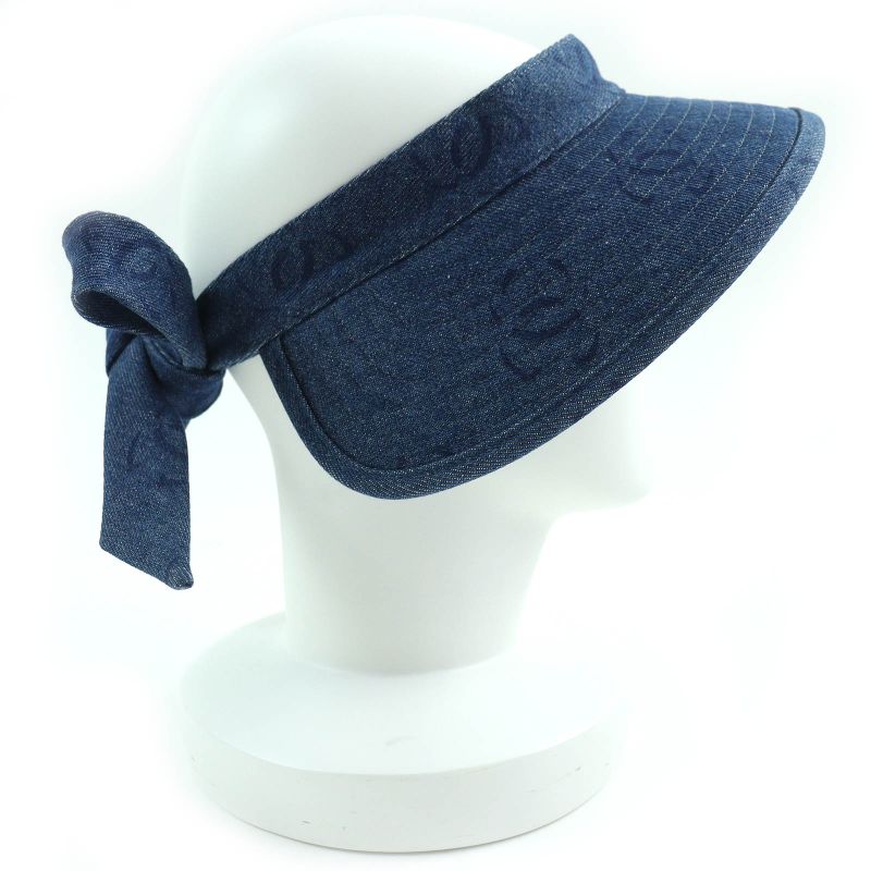 CHANEL Vintage 02P 100% Cotton Coco Mark Denim Sun Visor Indigo Blue Made In