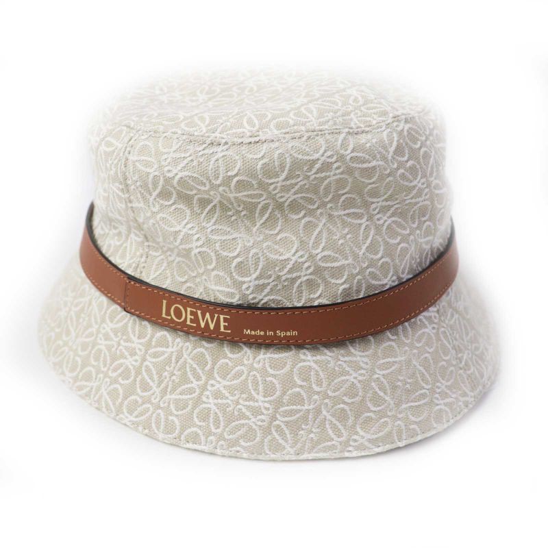 LOEWE Cotton Polyester Calf Leather Anagram Jacquard Hat / Bucket Hat Beige