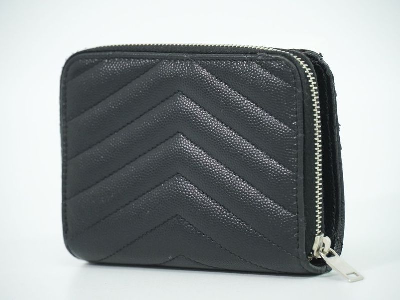 Authentic Saint Laurent YSL Logo Round Zipper Fold Wallet Compact Wallet
