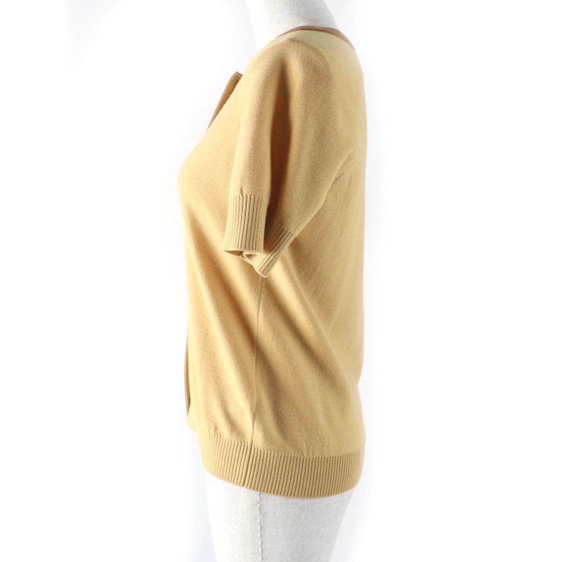 Hermes 100% Wool Lamb Leather Trim Short Sleeve Knit Cardigan Top Yellowish 36