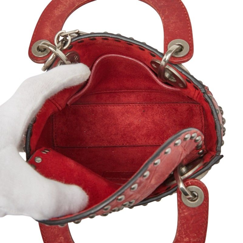 Dior Canage Lady Dior Mini Studded Handbag Chain Shoulder Bag 2WAY Red Leather