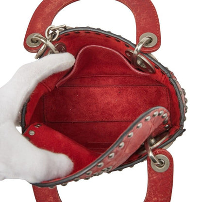 Dior Canage Lady Dior Mini Studded Handbag Chain Shoulder Bag 2WAY Red Leather