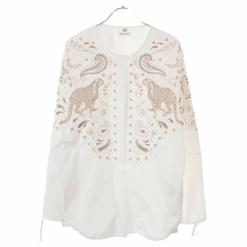 Hermes 25ss Embroidery Wide Blouse Shirt H5e3616da White 38