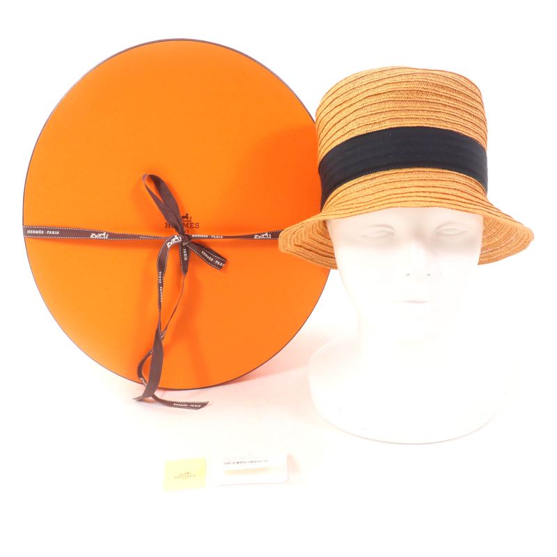 Hermes 100% Hemp Caramel H Embroidered Straw Hat 58 Hat With Box Made In France