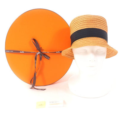 Hermes 100% Hemp Caramel H Embroidered Straw Hat 58 Hat With Box Made In France