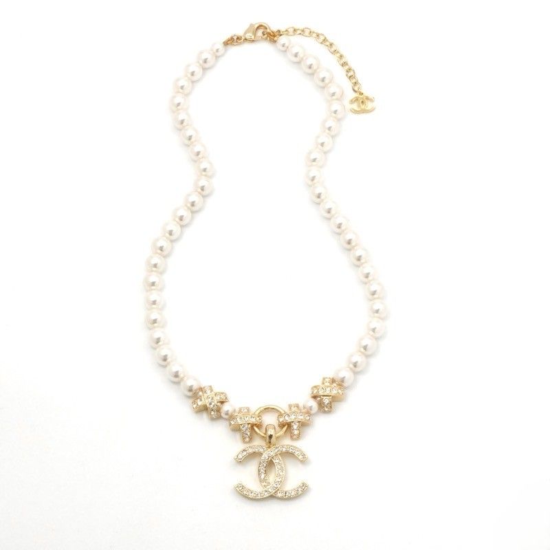 Chanel Necklace Pendant Choker Gold Coco Mark Rhinestone Pearl