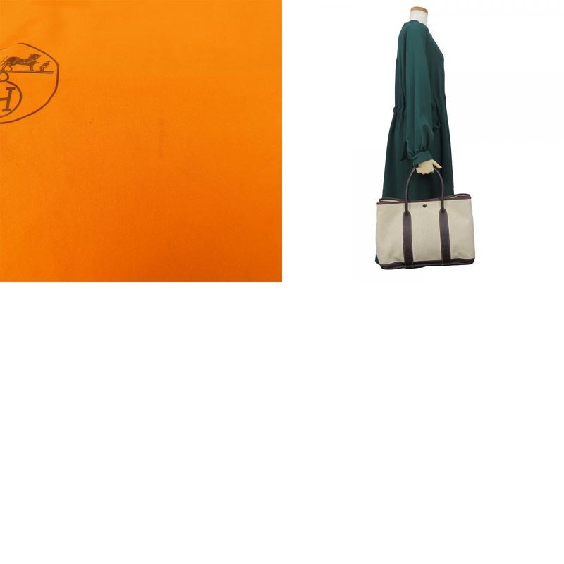 Hermes Handbag Garden Party PM Canvas Leather Beige Dark Brown Silver Hardware