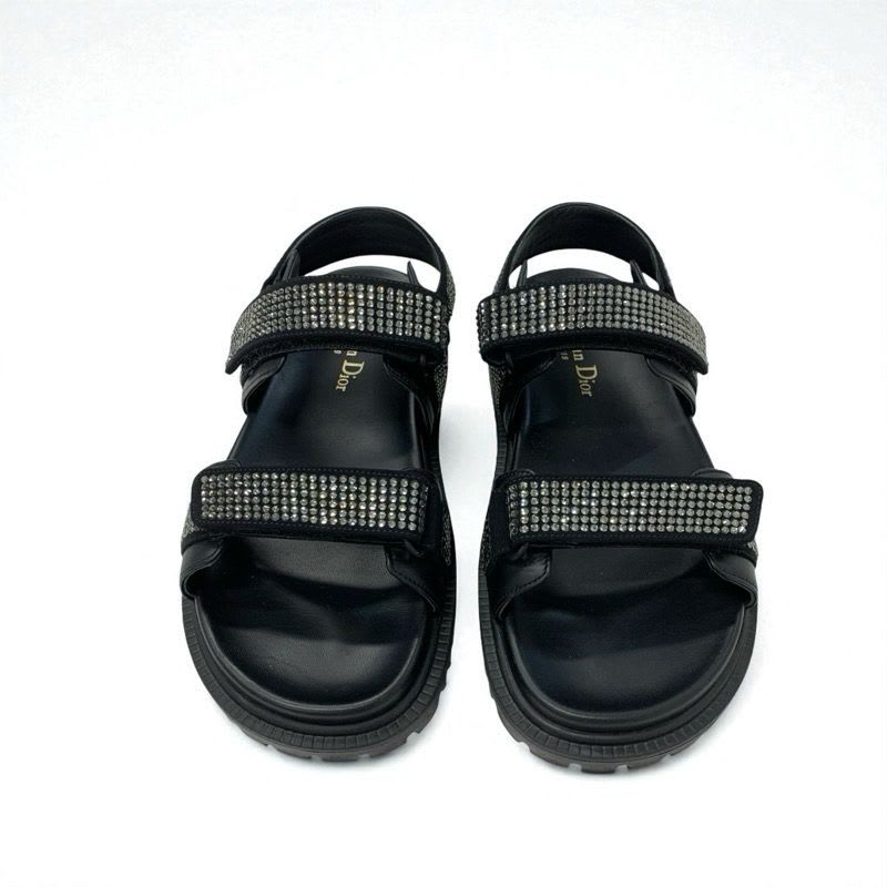 Christian Dior Sandals Shoes Lambskin Black Logo Rhinestone Velcro Strap Sports