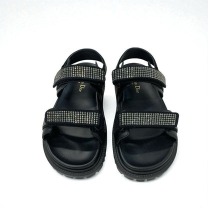 Christian Dior Sandals Shoes Lambskin Black Logo Rhinestone Velcro Strap Sports
