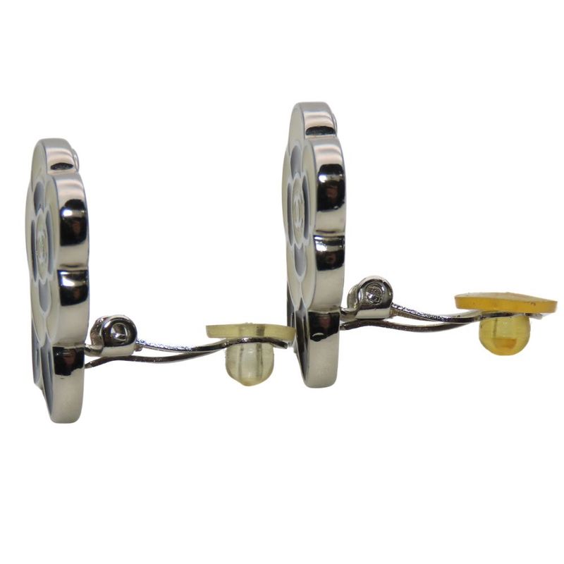 Chanel Earring Coco Mark Metal Silver Black Cream Camellia 05P Accessories