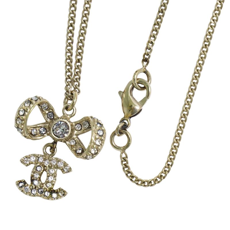 Authentic Chanel Coco Mark Ribbon Motif Rhinestone Necklace Pendant GP Gold