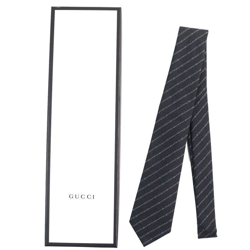 Gucci 100% Wool Regimental Logo Stripe Tie With 7cm (2.76in) Dark Gray Tips