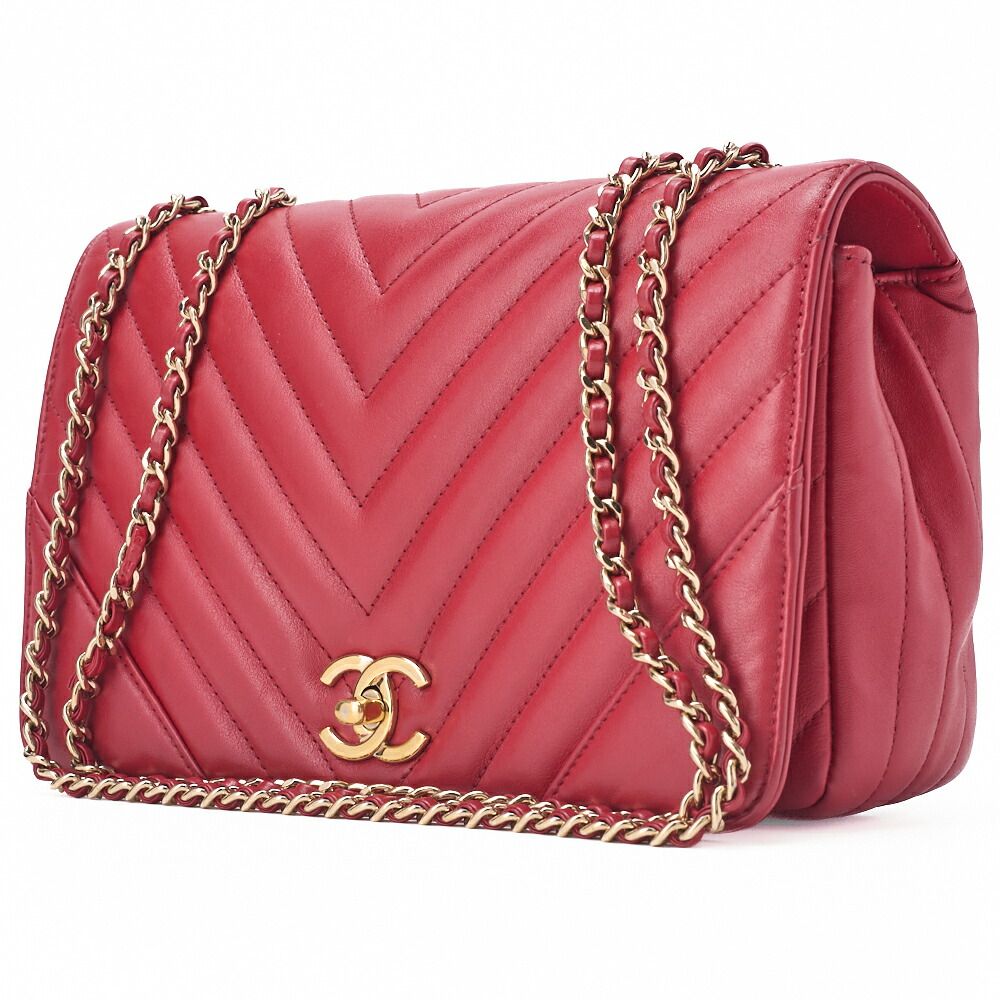 Chanel Shoulder Bag Calfskin V-stitched Red Coco Mark Single Flap With Gold