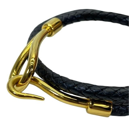 Hermes Jumbo Bracelet Bangle Choker Small Item Logo Leather GP Black Gold