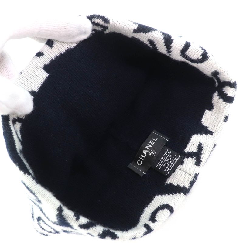 CHANEL Cashmere Cotton Coco-mark Logo Knit Hat Knit Cap Navy White Made In
