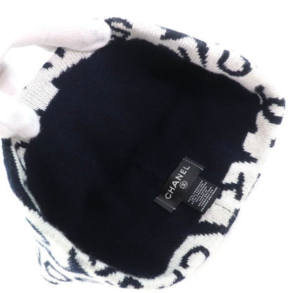 CHANEL Cashmere Cotton Coco-mark Logo Knit Hat Knit Cap Navy White Made In