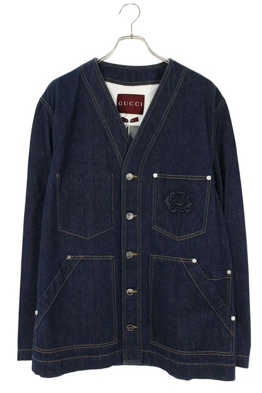 Gucci 25SS 811612 Xdc6v Rose Embroidered Collarless Cabas All Denim Jacket Men