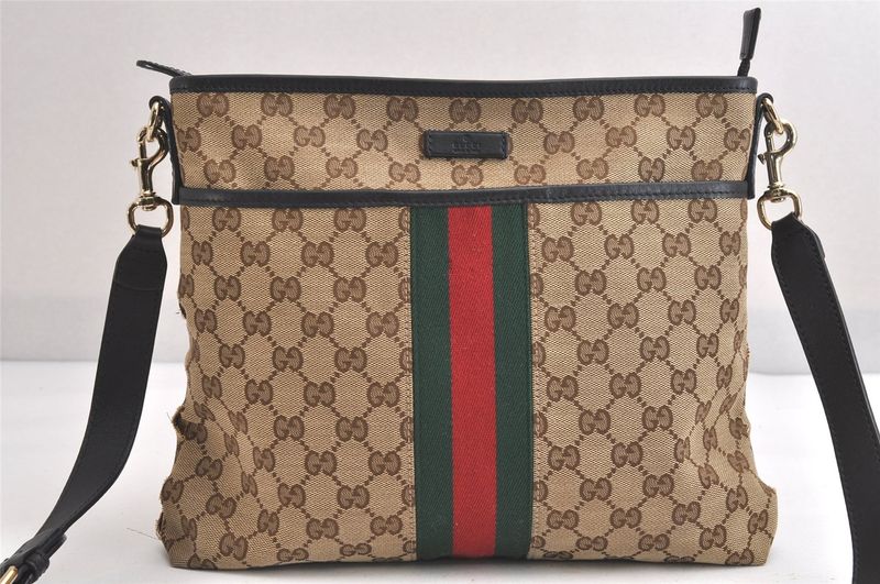 Gucci Web Sherry Line Shoulder Bag GG Canvas Leather 388926 Brown 3638n