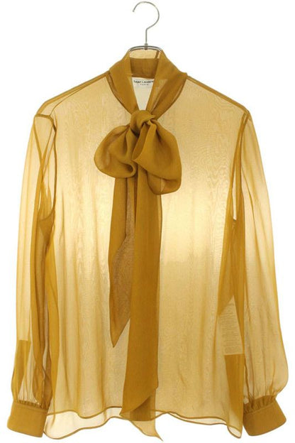 Saint Laurent Paris 732473 Y065w Silk Long Sleeve Shirt With Ribbon Ladies 37