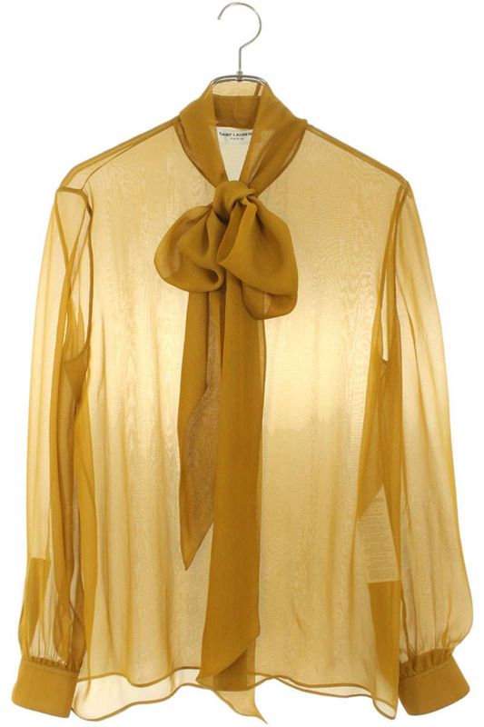 Saint Laurent Paris 732473 Y065w Silk Long Sleeve Shirt With Ribbon Ladies 37