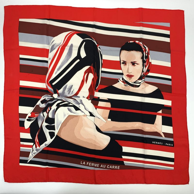 Hermes Carre 90 Pointe LA Femme AU Carre Pointeux Red 100% Silk Scarf