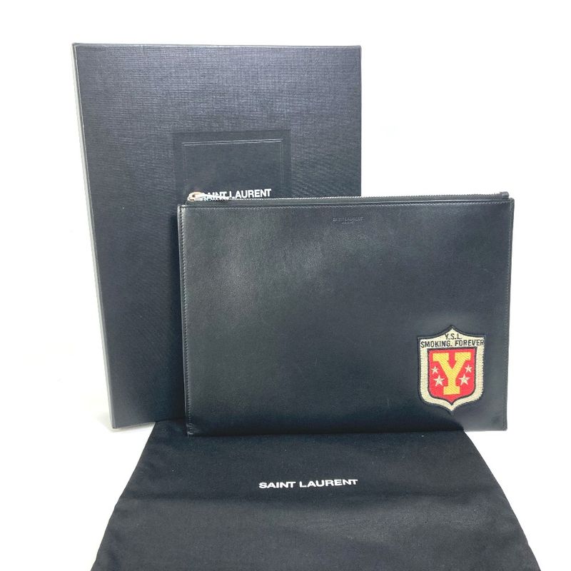 Saint Laurent Paris Clutch Bag Logo Patch 397295 Leather Black