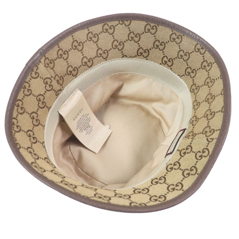 Gucci 576587 GG Canvas Logo Hardware Leather Piping Bucket Hat Beige S/57cm