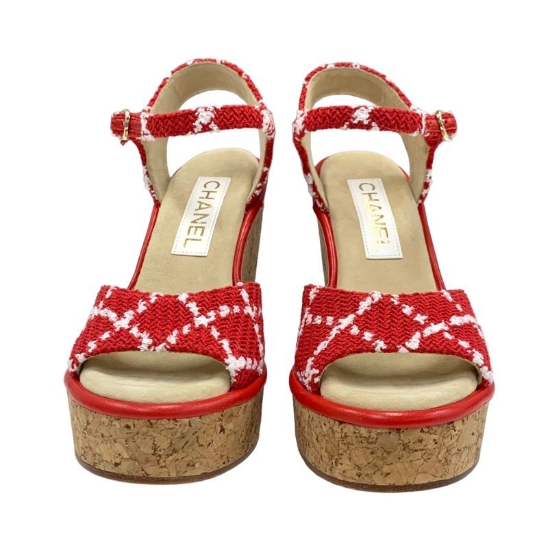Chanel Sandals Shoes Tweed Cork Red White Unused Here Mark