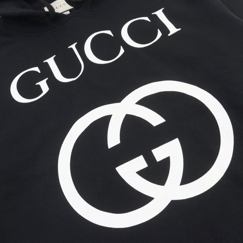 Gucci 475374 100% Cotton Interlocking G Logo Print Pullover Hoodie Black M Made