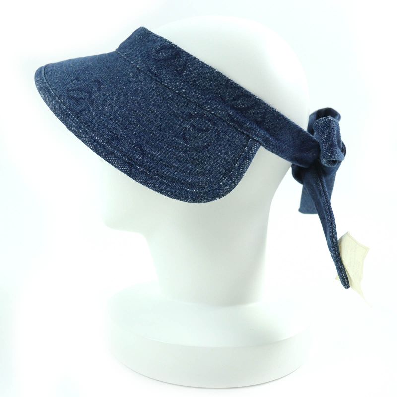 CHANEL Vintage 02P 100% Cotton Coco Mark Denim Sun Visor Indigo Blue Made In
