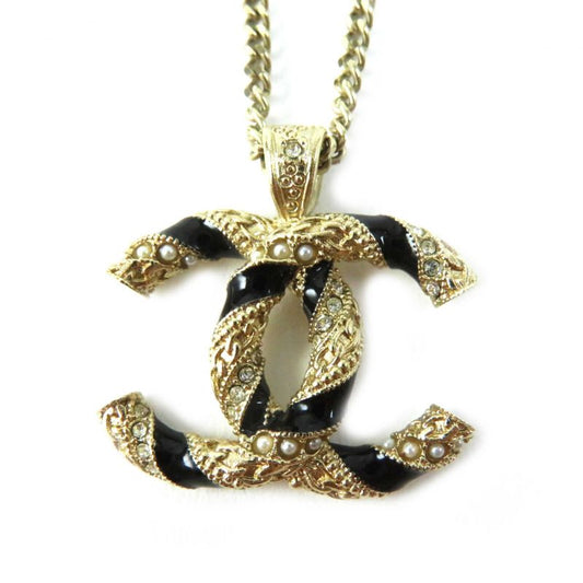 CHANEL A21C F Coco Mark Pendant / Necklace With Pearl And Rhinestone Gold Black
