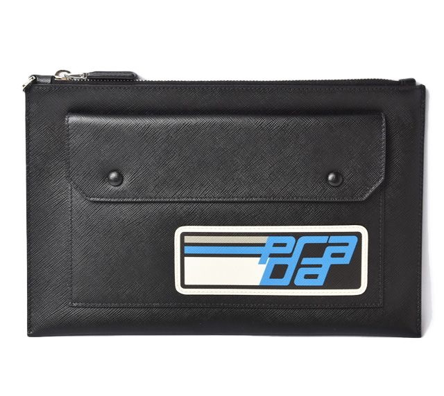 Prada Clutch Bag Travel Pouch Men's Prada Saffiano Patch Patchwork Black Azzurro