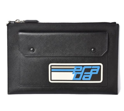Prada Clutch Bag Travel Pouch Men's Prada Saffiano Patch Patchwork Black Azzurro