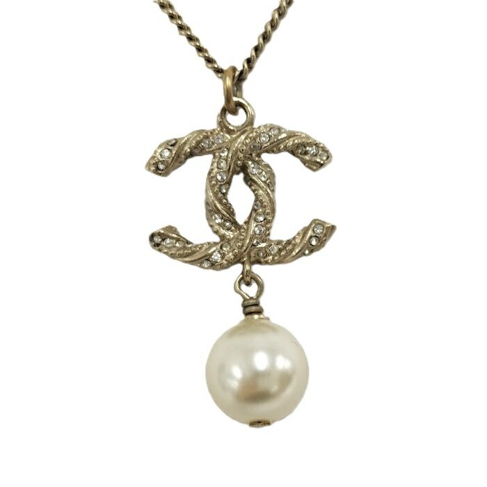 Chanel Necklace Accessories Coco Mark Faux Pearl Plated Silver B14V