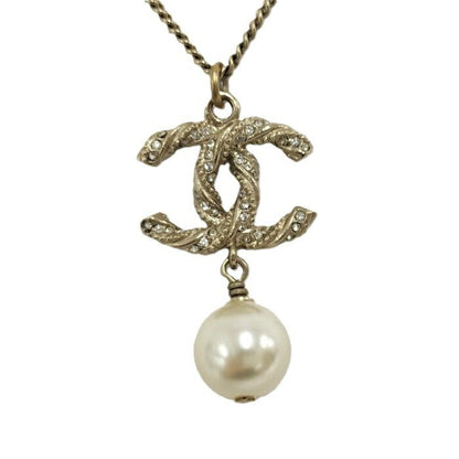 Chanel Necklace Accessories Coco Mark Faux Pearl Plated Silver B14V