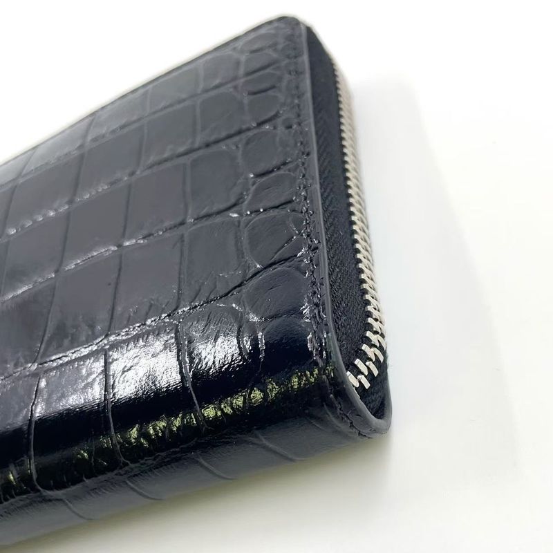 Celine Logo Leather Round Zip Leather Black Wallet Silver