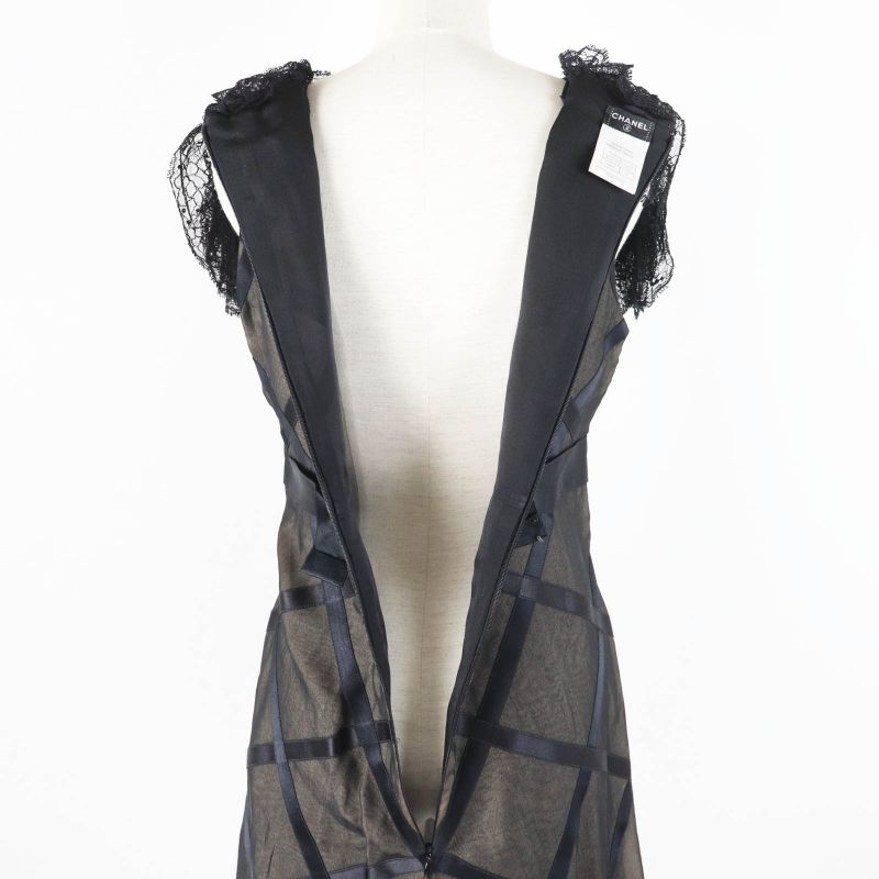 CHANEL Vintage 07P P30570 100% Silk Lace Dress With Coco Mark Black Beige 38