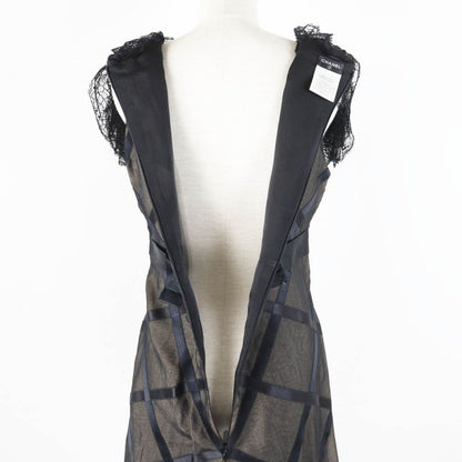 CHANEL Vintage 07P P30570 100% Silk Lace Dress With Coco Mark Black Beige 38