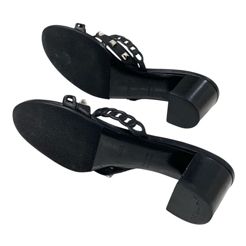 Hermes Aggaccio Sandals Shoes Leather Black Silver Chaine D'ancre Studded Mules