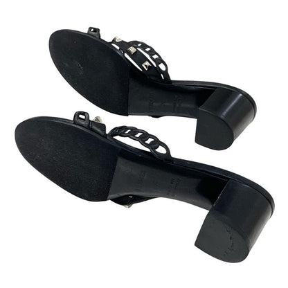 Hermes Aggaccio Sandals Shoes Leather Black Silver Chaine D'ancre Studded Mules