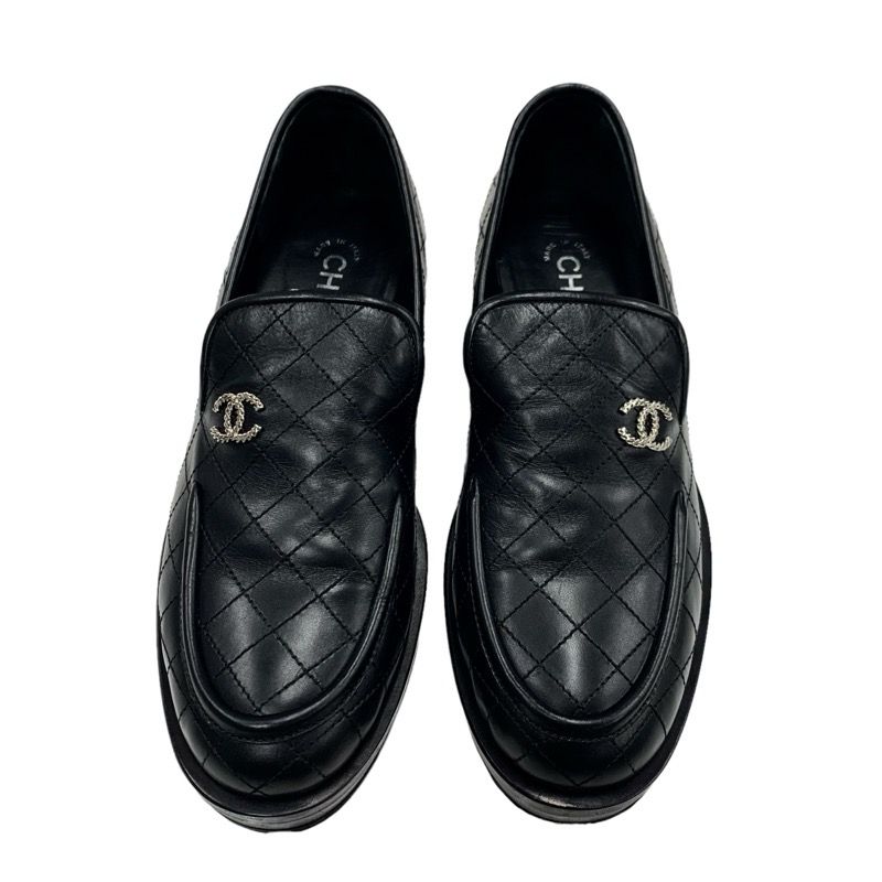 Chanel Loafer Leather Shoes Leather Black Silver Matelasse Here Mark