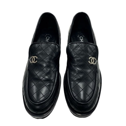 Chanel Loafer Leather Shoes Leather Black Silver Matelasse Here Mark